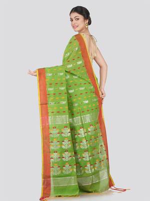 PinkLoom Women's Green Hand_Woven Cotton_Silk Saree With Blouse 3