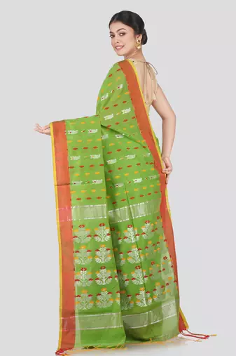 PinkLoom Women's Green Hand_Woven Cotton_Silk Saree With Blouse