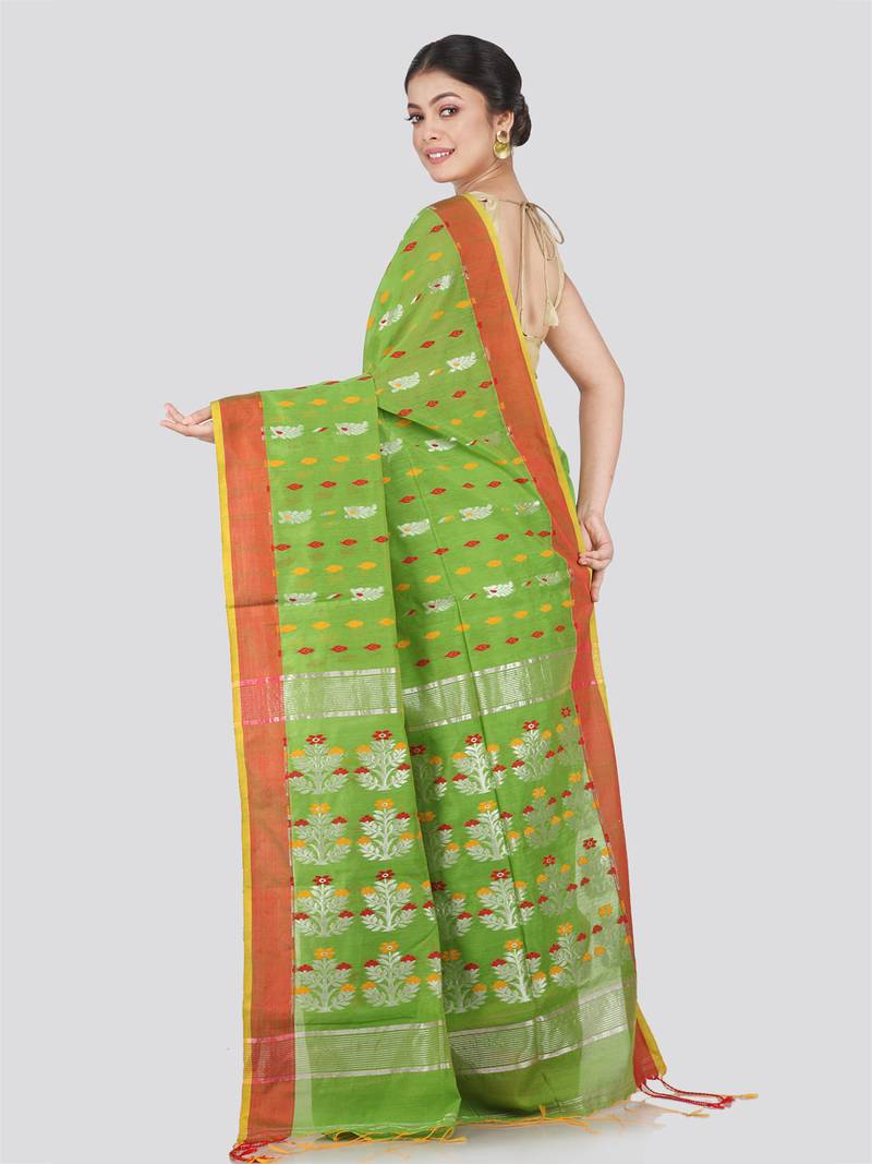 PinkLoom Women's Green Hand_Woven Cotton_Silk Saree With Blouse