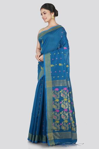 PinkLoom Women's Blue Hand_Woven Cotton_Silk Saree With Blouse