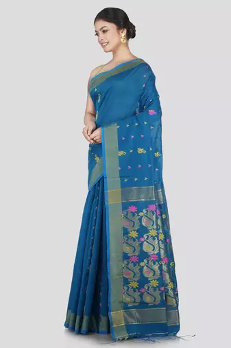 PinkLoom Women's Blue Hand_Woven Cotton_Silk Saree With Blouse