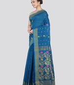 PinkLoom Women's Blue Hand_Woven Cotton_Silk Saree With Blouse