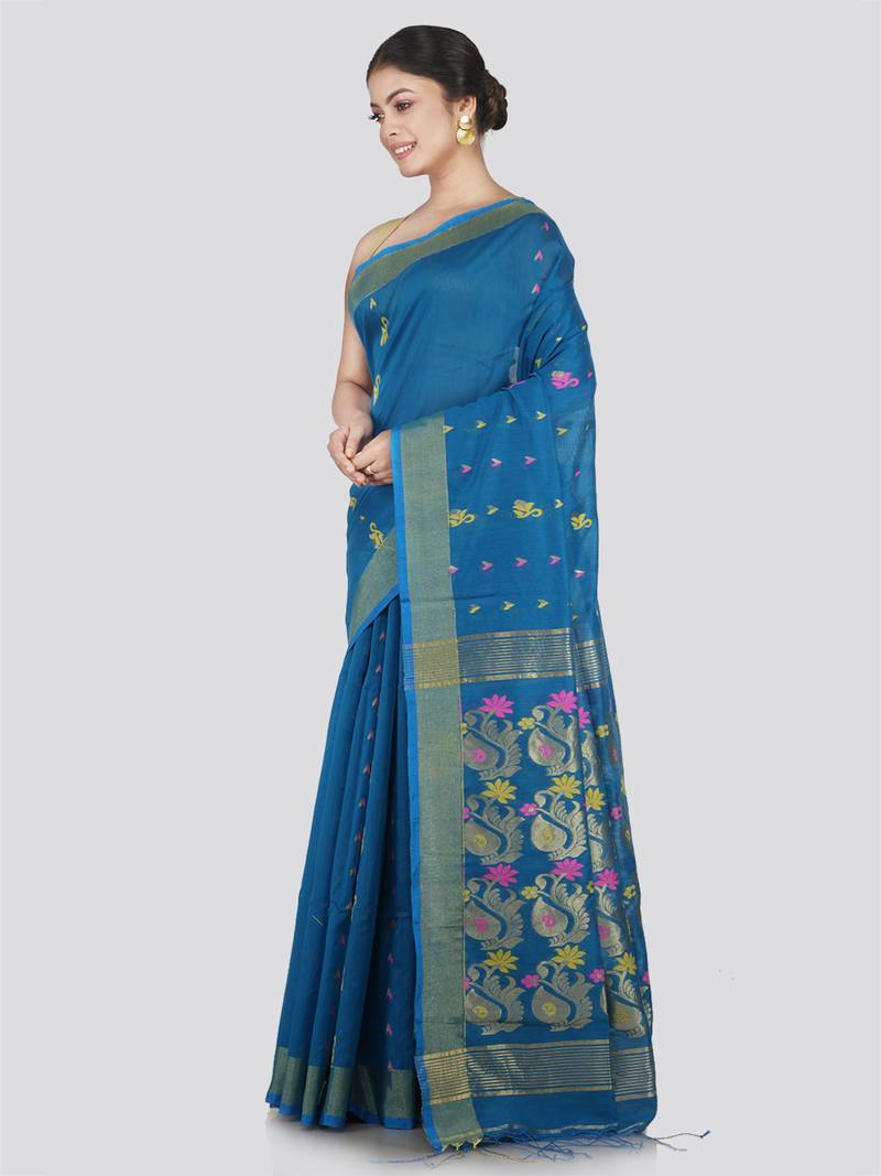 PinkLoom Women's Blue Hand_Woven Cotton_Silk Saree With Blouse