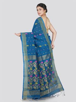 PinkLoom Women's Blue Hand_Woven Cotton_Silk Saree With Blouse 3