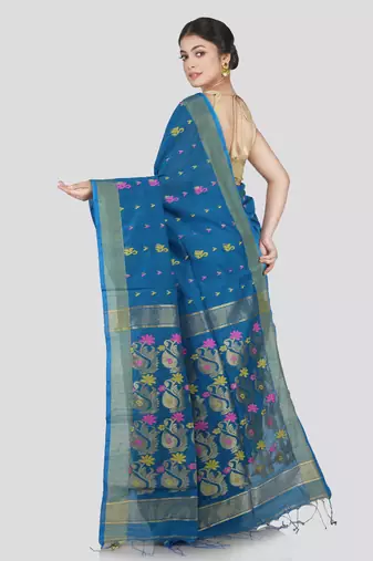 PinkLoom Women's Blue Hand_Woven Cotton_Silk Saree With Blouse