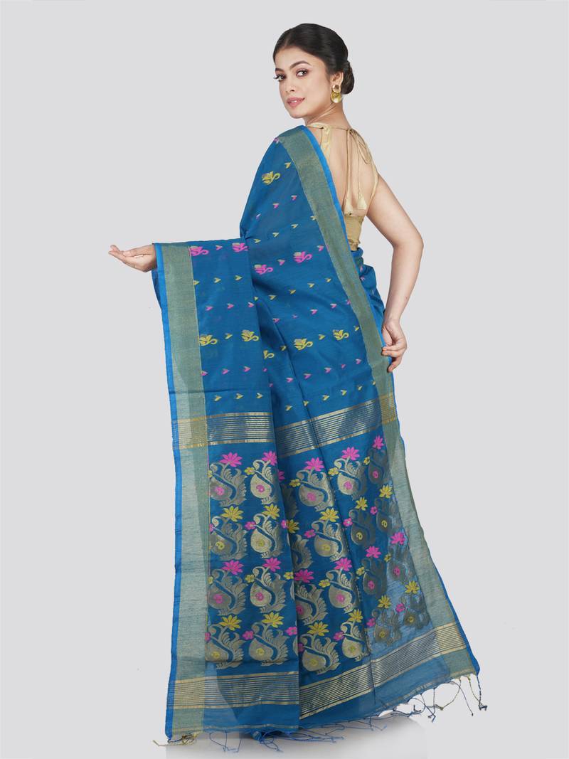 PinkLoom Women's Blue Hand_Woven Cotton_Silk Saree With Blouse