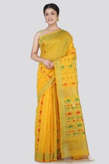 PinkLoom Women's Yellow Hand_Woven Cotton_Silk Saree With Blouse