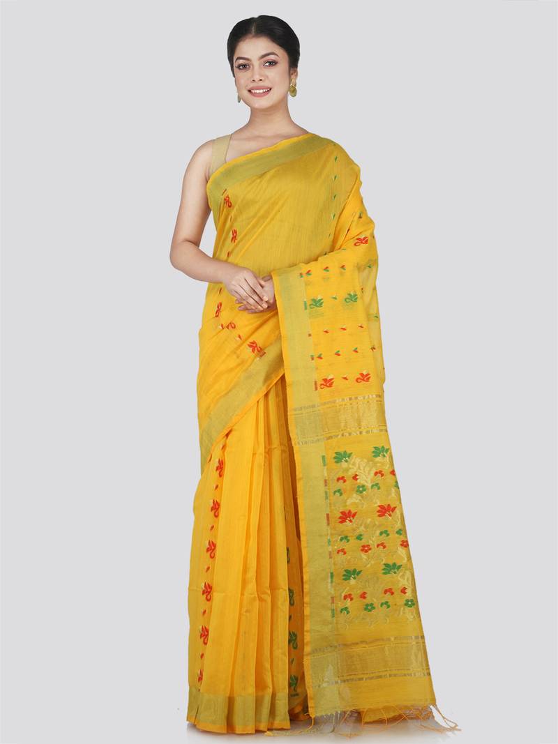 PinkLoom Women's Yellow Hand_Woven Cotton_Silk Saree With Blouse