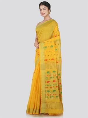 PinkLoom Women's Yellow Hand_Woven Cotton_Silk Saree With Blouse 3