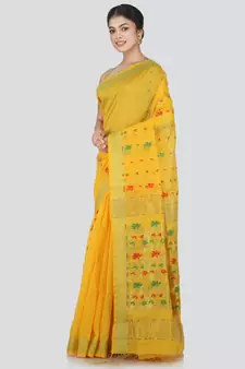 PinkLoom Women's Yellow Hand_Woven Cotton_Silk Saree With Blouse