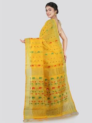PinkLoom Women's Yellow Hand_Woven Cotton_Silk Saree With Blouse 4