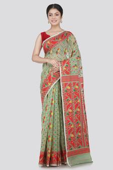 Pinkloom Women'S Green Hand_Woven Cotton Jamdani Saree Without Blouse