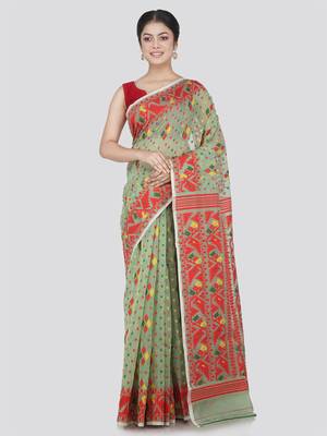 Pinkloom Women'S Green Hand_Woven Cotton Jamdani Saree Without Blouse 1