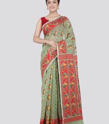 Pinkloom Women'S Green Hand_Woven Cotton Jamdani Saree Without Blouse