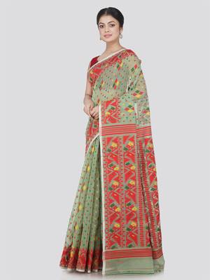 Pinkloom Women'S Green Hand_Woven Cotton Jamdani Saree Without Blouse 3