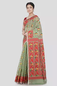 Pinkloom Women'S Green Hand_Woven Cotton Jamdani Saree Without Blouse