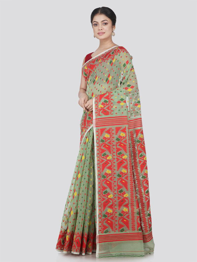 Pinkloom Women'S Green Hand_Woven Cotton Jamdani Saree Without Blouse