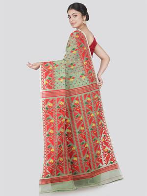 Pinkloom Women'S Green Hand_Woven Cotton Jamdani Saree Without Blouse 4