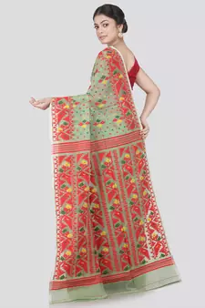 Pinkloom Women'S Green Hand_Woven Cotton Jamdani Saree Without Blouse