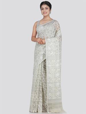Pinkloom Women'S White Hand_Woven Cotton Jamdani Saree Without Blouse 1