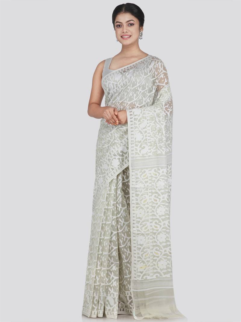Pinkloom Women'S White Hand_Woven Cotton Jamdani Saree Without Blouse