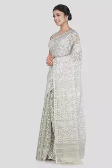 Pinkloom Women'S White Hand_Woven Cotton Jamdani Saree Without Blouse