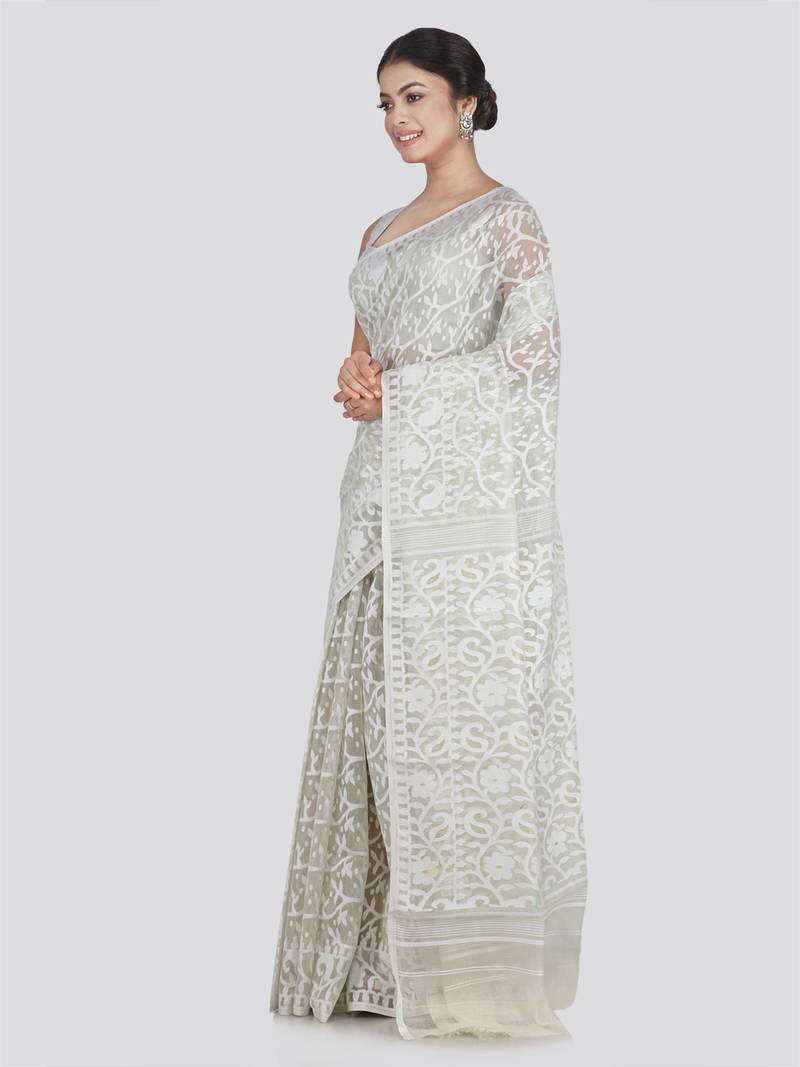 Pinkloom Women'S White Hand_Woven Cotton Jamdani Saree Without Blouse