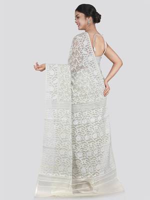 Pinkloom Women'S White Hand_Woven Cotton Jamdani Saree Without Blouse 4