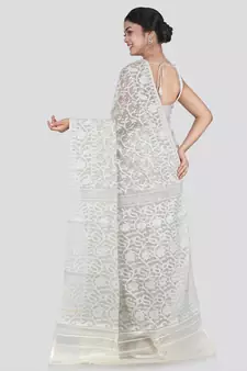 Pinkloom Women'S White Hand_Woven Cotton Jamdani Saree Without Blouse
