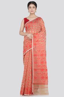 Pinkloom Women'S Beige Hand_Woven Cotton Jamdani Saree Without Blouse