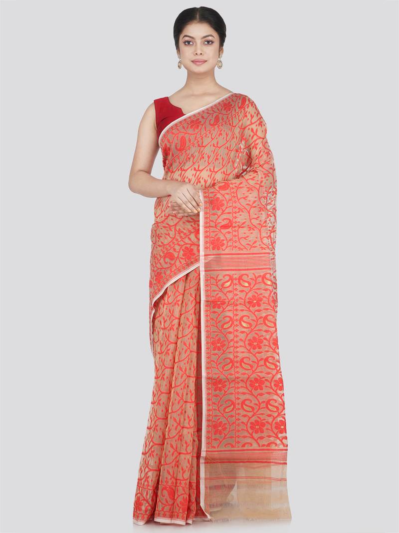 Pinkloom Women'S Beige Hand_Woven Cotton Jamdani Saree Without Blouse