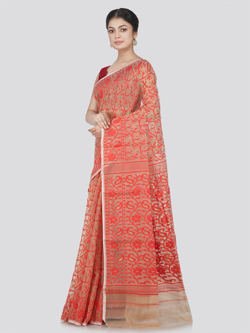 Pinkloom Women'S Beige Hand_Woven Cotton Jamdani Saree Without Blouse