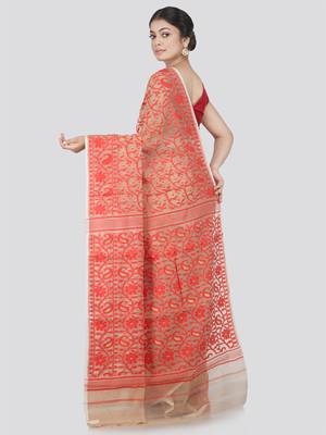 Pinkloom Women'S Beige Hand_Woven Cotton Jamdani Saree Without Blouse 4