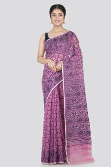 Pinkloom Women'S Lavender Hand_Woven Cotton Jamdani Saree Without Blouse