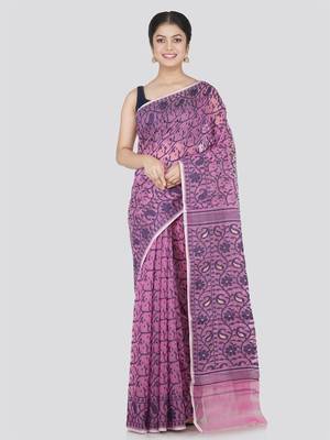 Pinkloom Women'S Lavender Hand_Woven Cotton Jamdani Saree Without Blouse 1