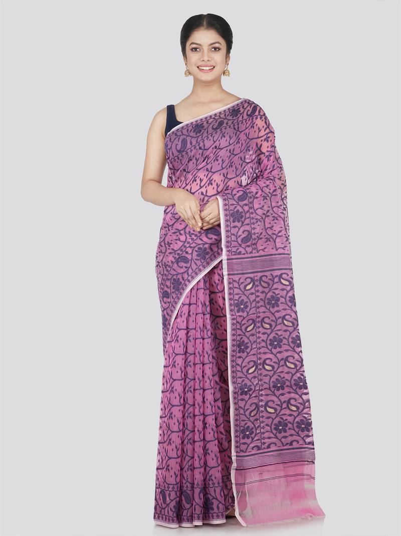 Pinkloom Women'S Lavender Hand_Woven Cotton Jamdani Saree Without Blouse