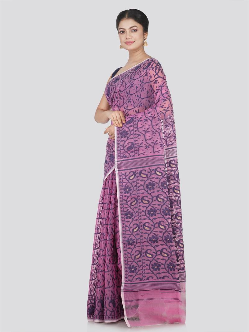 Pinkloom Women'S Lavender Hand_Woven Cotton Jamdani Saree Without Blouse