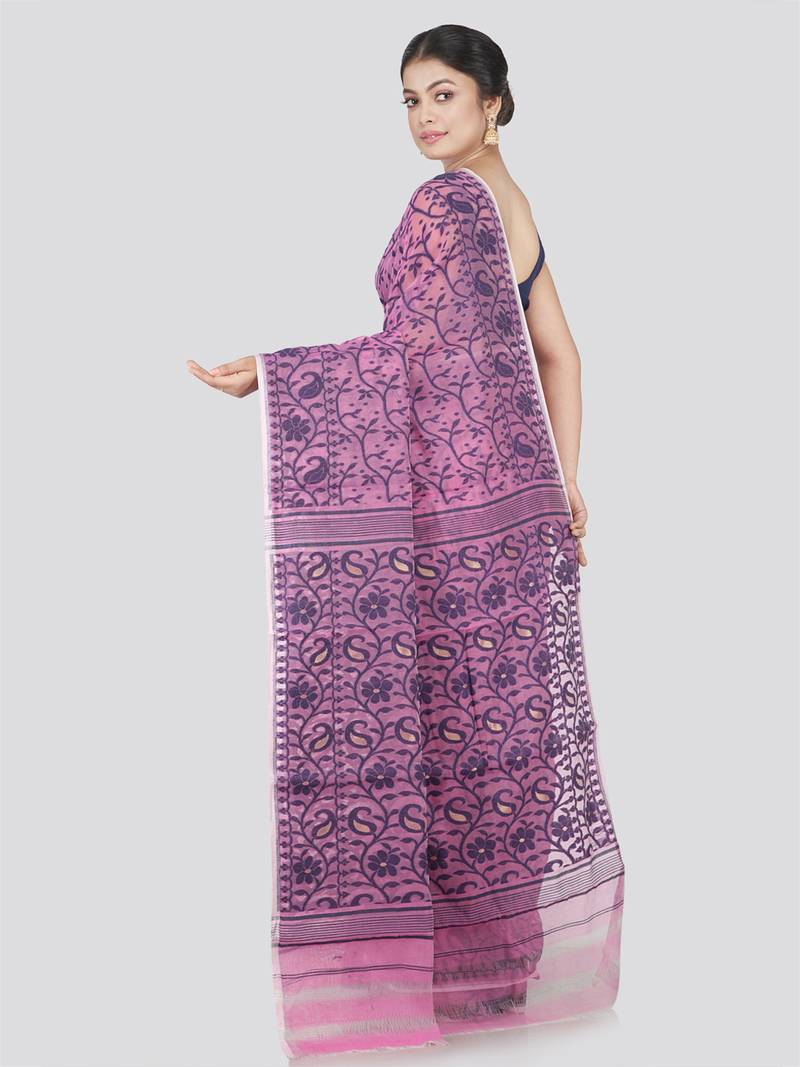 Pinkloom Women'S Lavender Hand_Woven Cotton Jamdani Saree Without Blouse