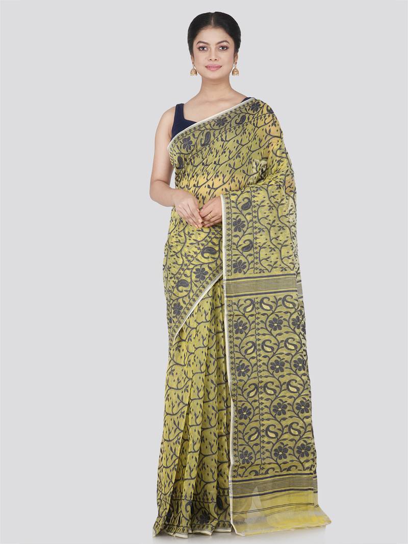 Pinkloom Women'S Yellow Hand_Woven Cotton Jamdani Saree Without Blouse