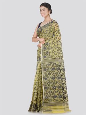 Pinkloom Women'S Yellow Hand_Woven Cotton Jamdani Saree Without Blouse 3