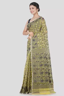 Pinkloom Women'S Yellow Hand_Woven Cotton Jamdani Saree Without Blouse