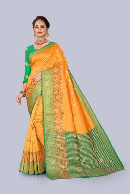 Yellow embroidered banarasi saree with blouse 1