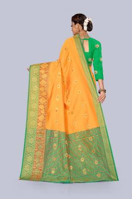 Yellow embroidered banarasi saree with blouse 2