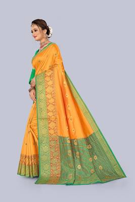 Yellow embroidered banarasi saree with blouse 3