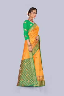 Yellow embroidered banarasi saree with blouse 4