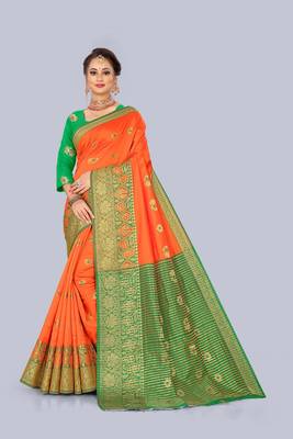 Orange embroidered banarasi saree with blouse 1