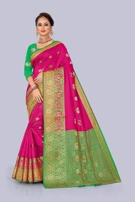 Dark pink embroidered banarasi saree with blouse 1