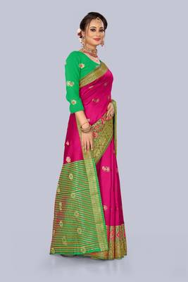 Dark pink embroidered banarasi saree with blouse 4