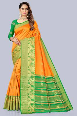 Yellow embroidered banarasi saree with blouse 1