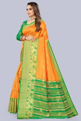 Yellow embroidered banarasi saree with blouse 3